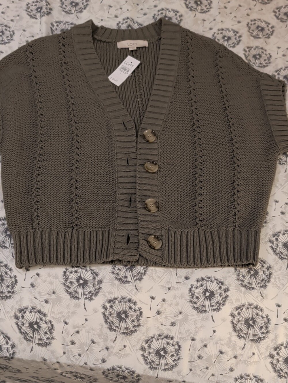 NWT - LOFT Olive Green Cropped Short-Sleeve Button Cardigan